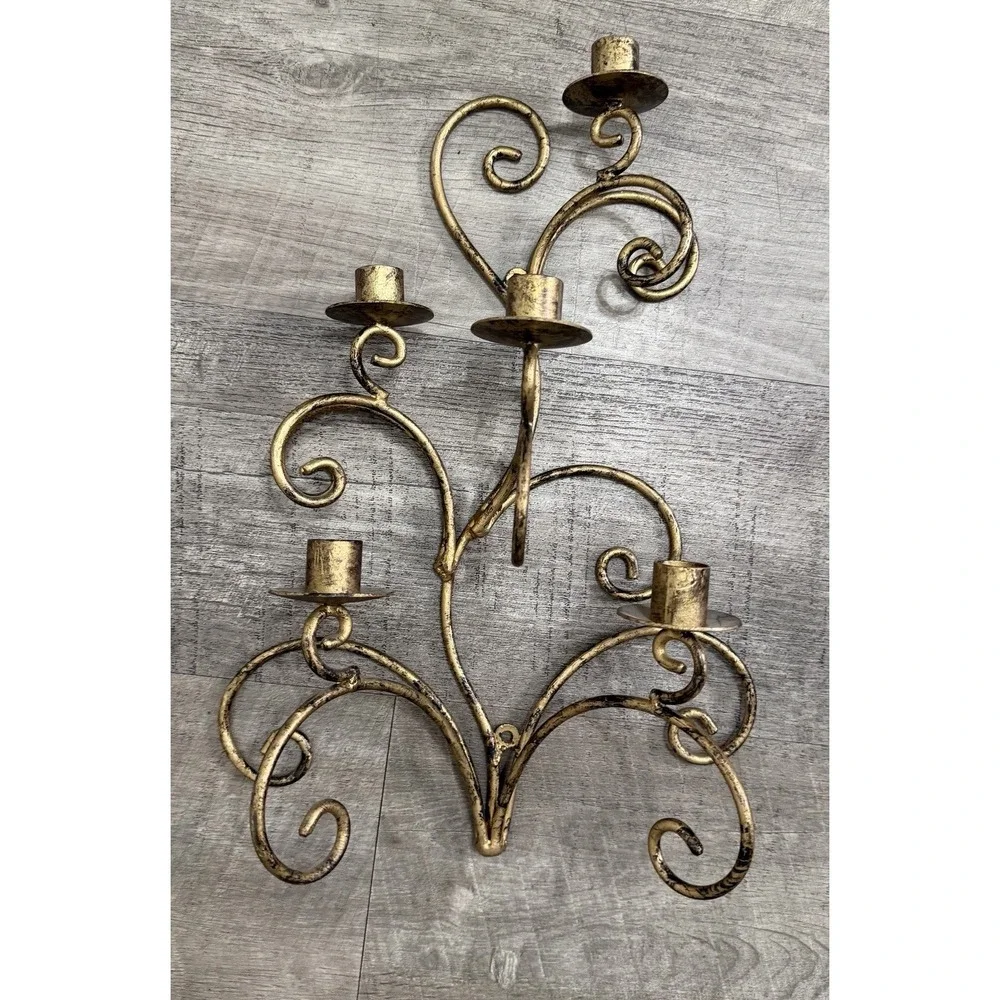 Vtg MCM Wall Candle Sconce Hollywood Regency Gold Tone Metal Scrolls Leaves (2)